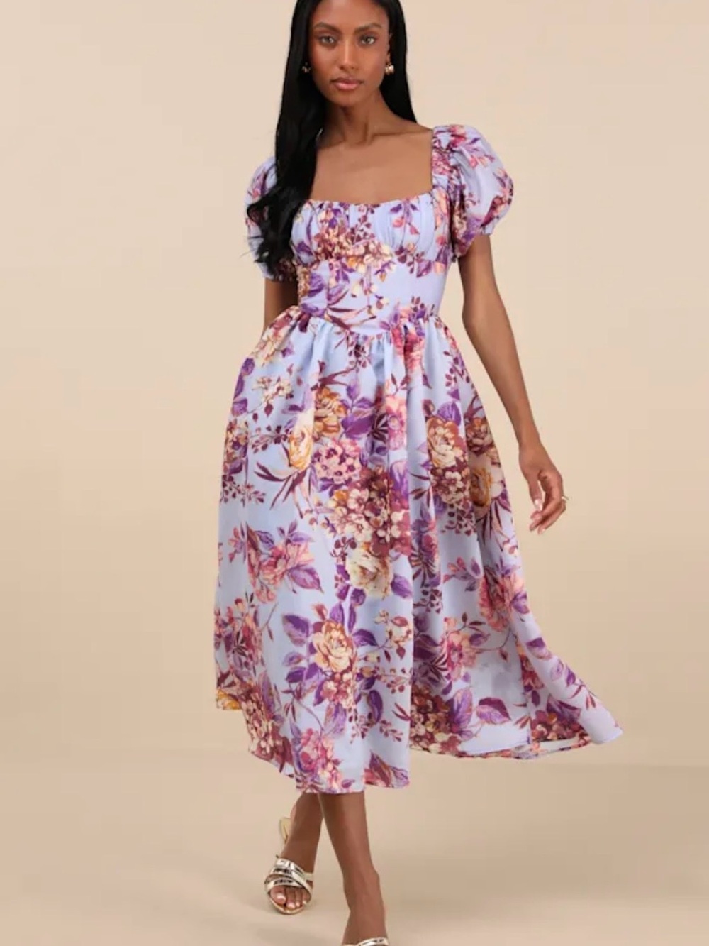 Lulus Floral Puff-Sleeve Midi Dress in Lavender